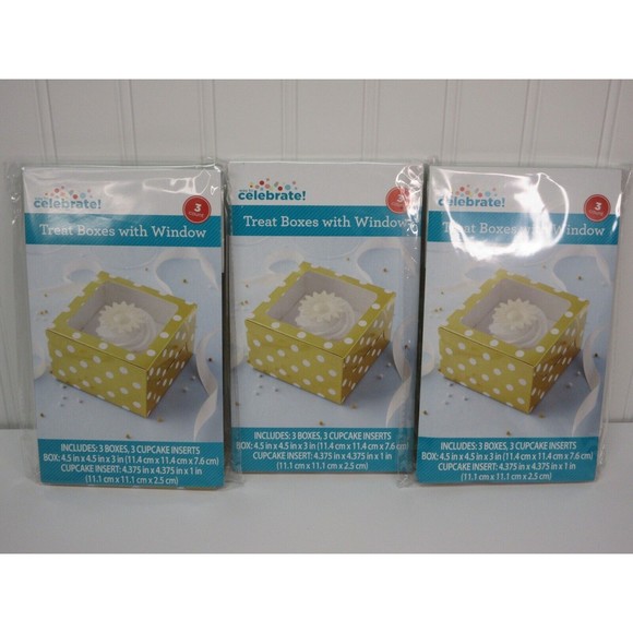 Celebrate Treat Boxes with Window & Cupcake Insert Gold White Polka Dots 3ct ea - Picture 1 of 14